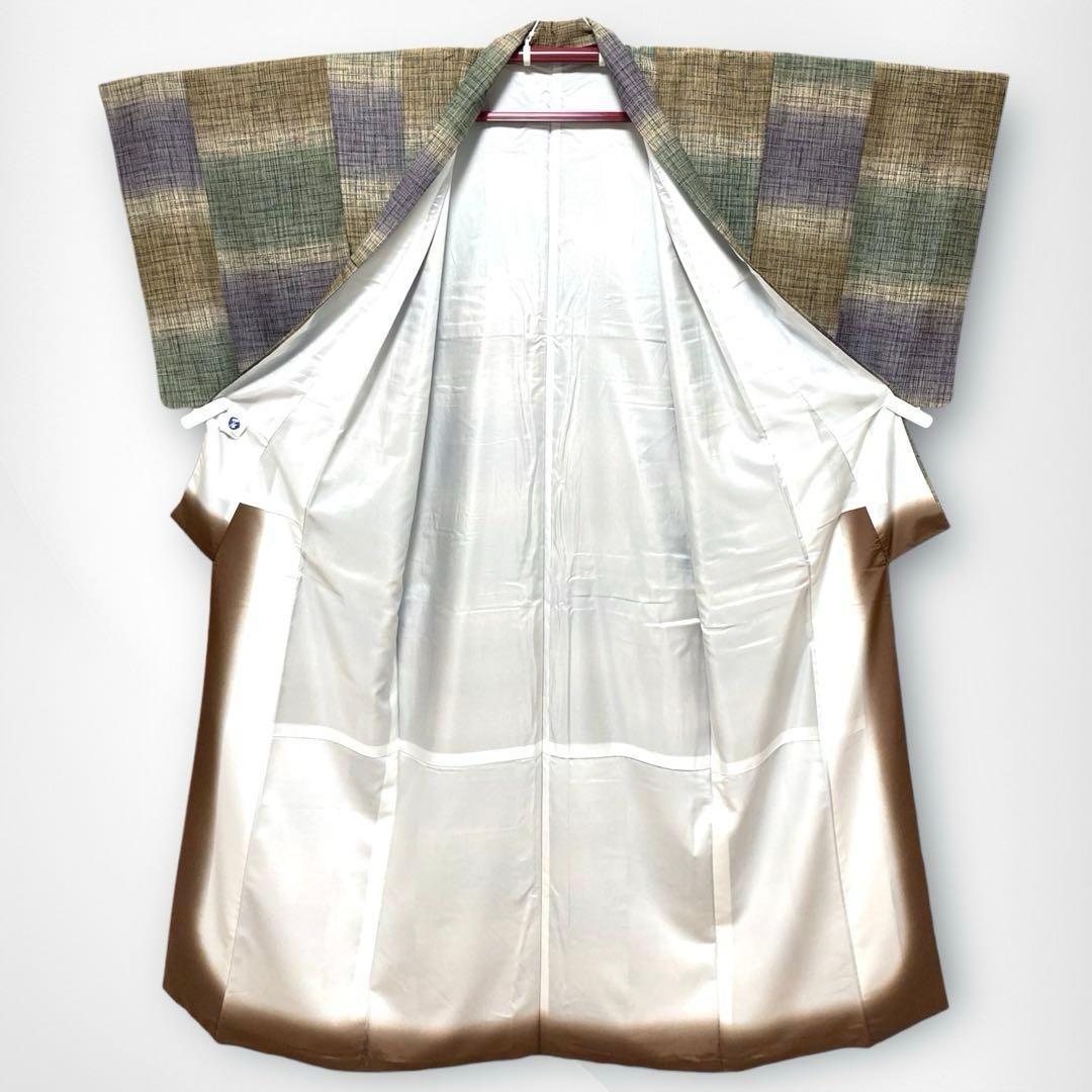 【美品✨】東レシルック　洗える着物　小紋　変わり格子　ベージュ　灰緑　日本製P3