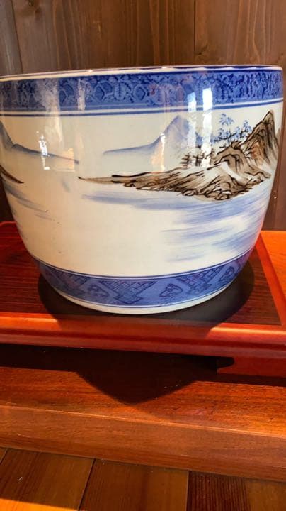古物　火鉢　瀬戸火鉢　メダカ鉢　山水画　染付