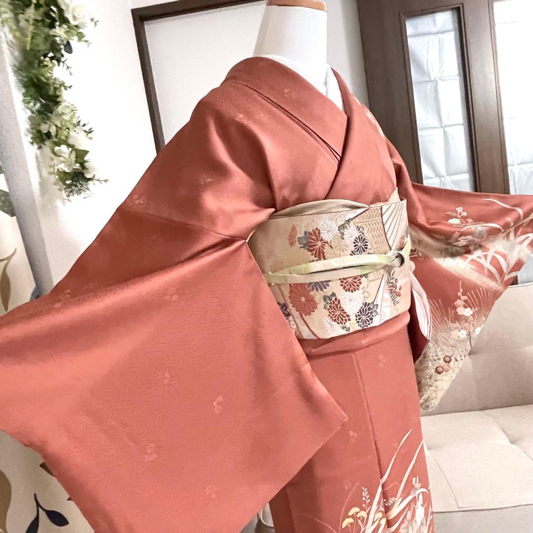 オレンジ　友禅 4点 フルセット 訪問着 入学式 卒業式 入園式 春 秋 冬