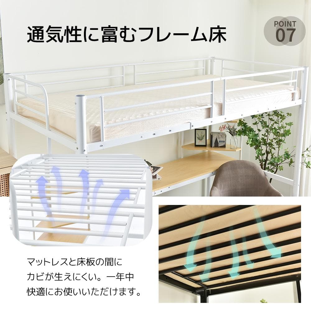 人気NO.1！ロフトベッド シングル・S　コンセント・デスク付き　WHITE