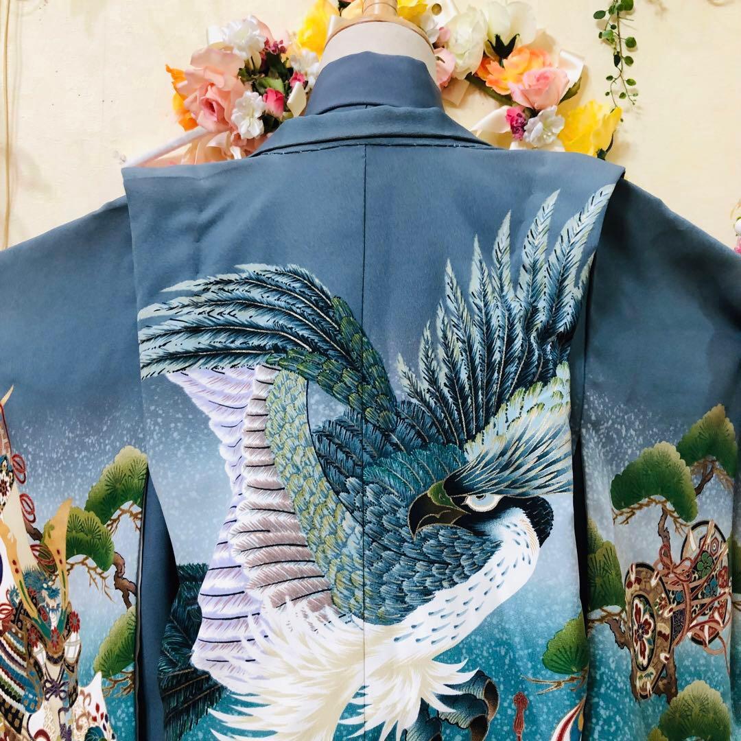 七五三5歳完全フルセット‼️豪華青系兜鷹金彩煌びやか⭐︎袴金蘭刺繍豪華逸品