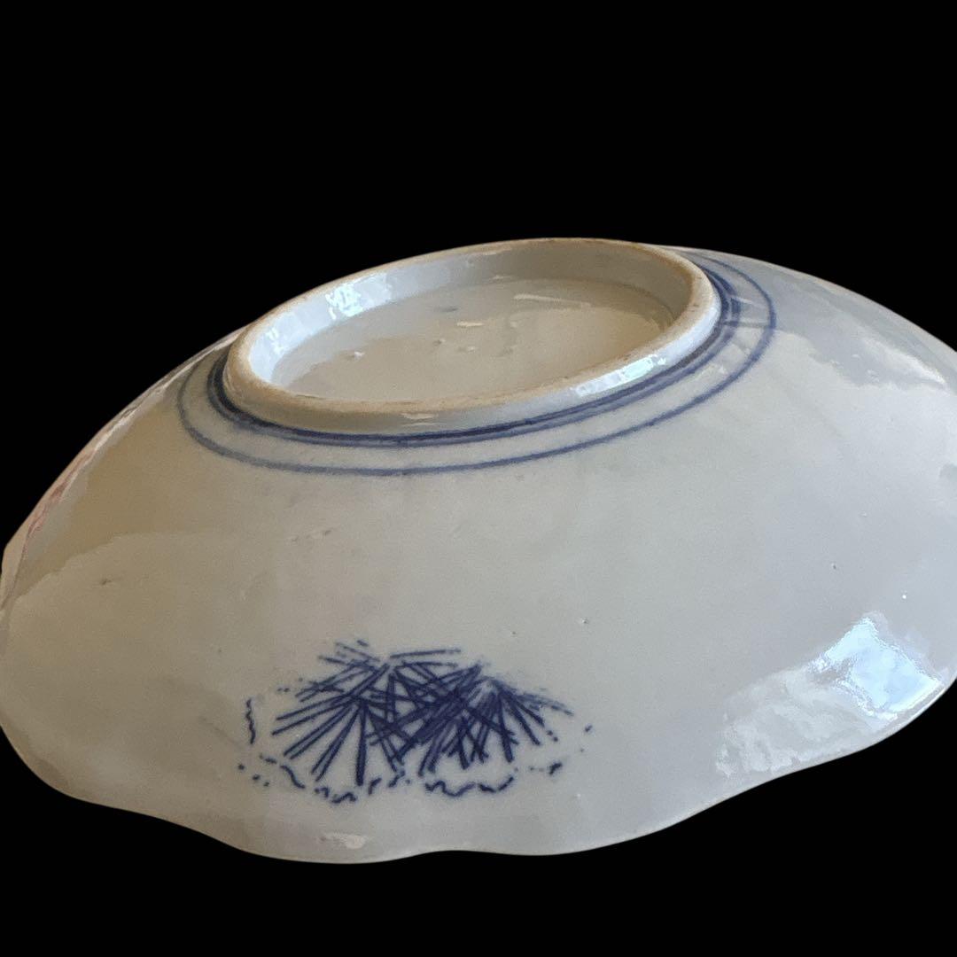 古伊万里 染付 輪鼻皿 人物文様 皿 アンティーク 鶴文 花形皿 かざりさら