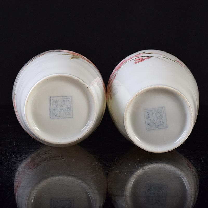 中国　中国景徳鎮製　薄胎　粉彩　漢詩花鳥文瓶　一對　C　R8384
