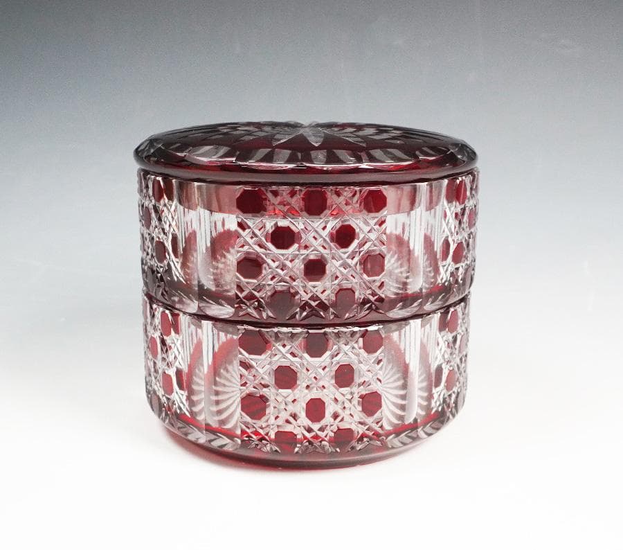木村泰典 江戸切子 籠目紋ボンボニエール 深緋 切子ガラス 共箱
