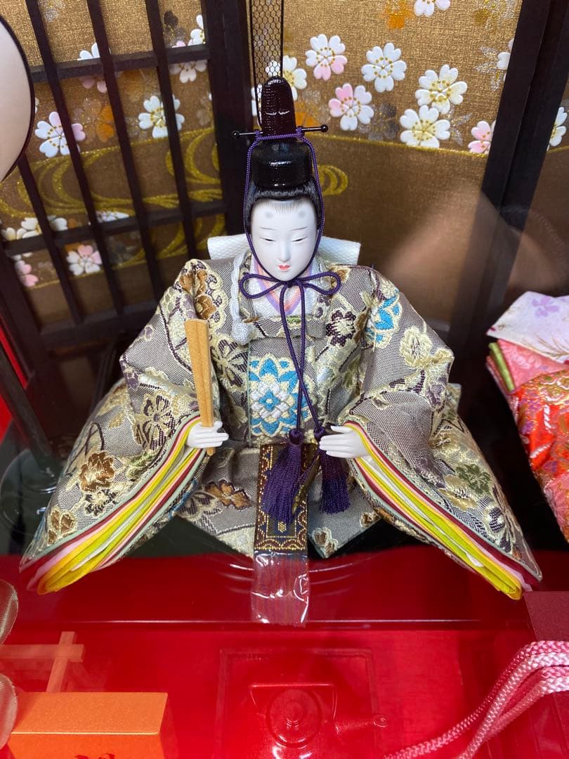 東京久月　雛人形屏風付ガラスケース親王飾り・間口約５７×奥行約３４×高さ約３９㎝
