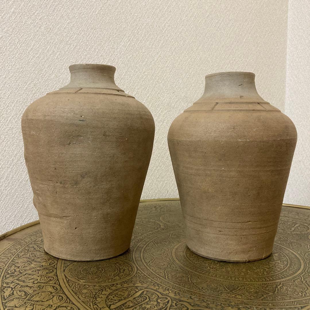 珍品　古壺2点〈検 須恵器　朝鮮　李朝　渥美壺　三筋壺　古越前　古常滑　古備前