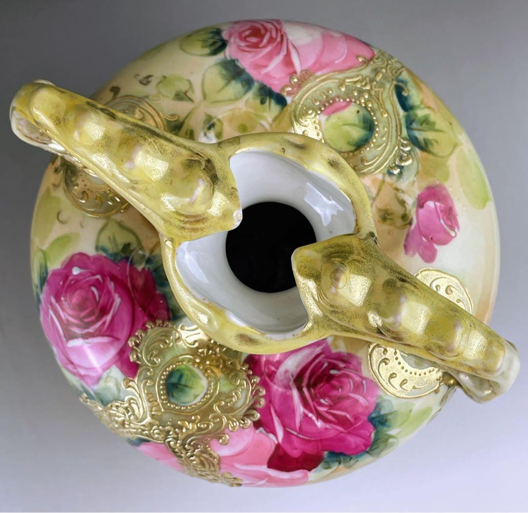 【大型】オールドニッポン 約２２cm アールヌーボー薔薇紋 花瓶 バラ