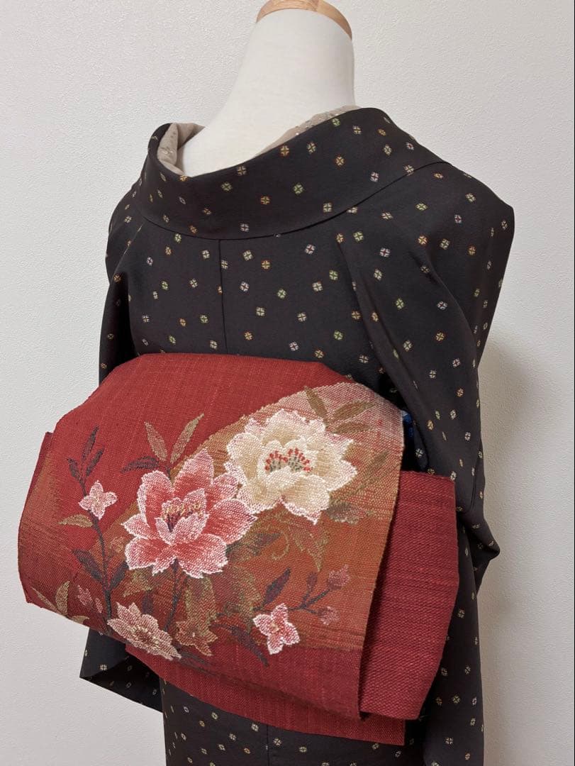 名古屋帯　渡文　花模様　真綿紬　八寸　正絹