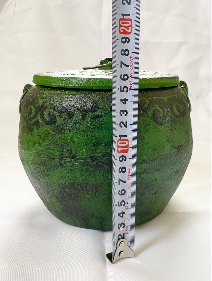 【未使用】東伸販売 緑色の鋳鉄製 宝火消 火消し壺 中 茶釜 茶道 骨董