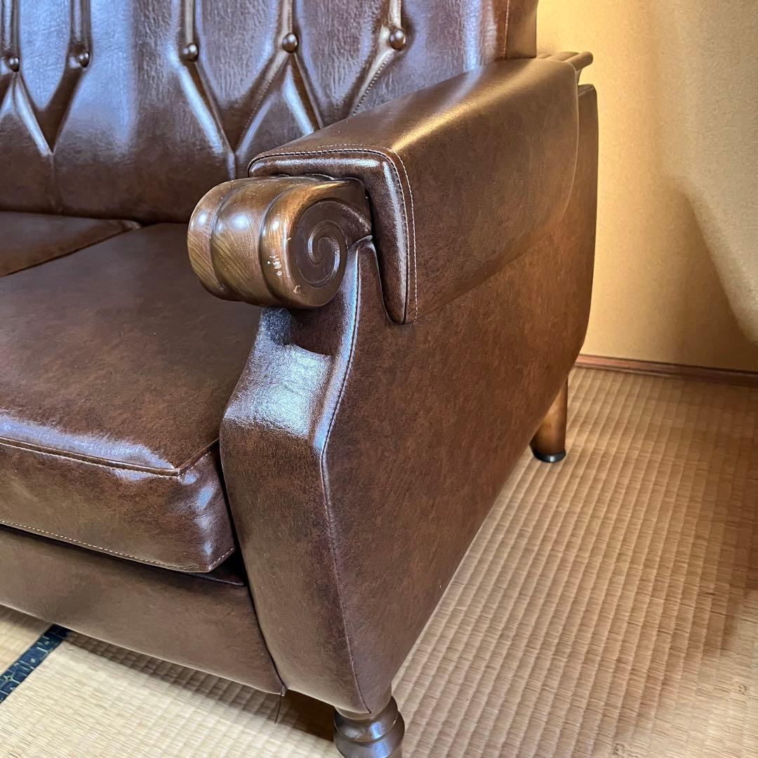 2/15まで！　昭和レトロ　ブラウン　合皮3人掛けソファー