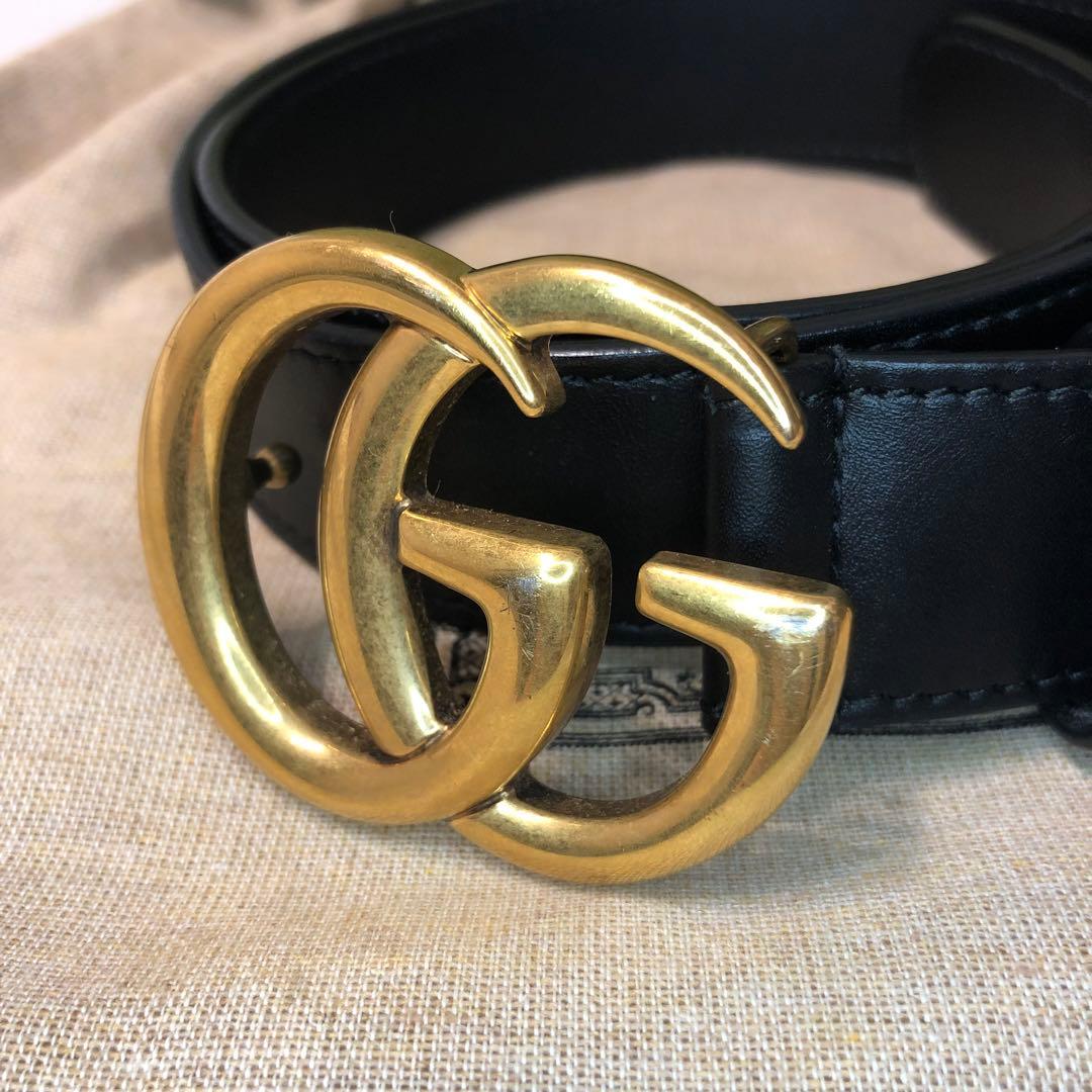 GUCCI ブラックレザーベルト GGロゴ ダブルGスリムベルト