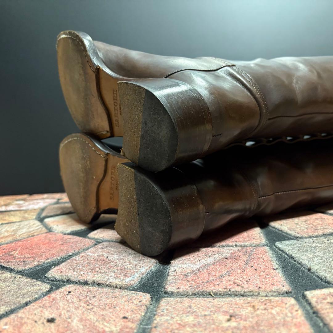 サルトル　ジョッキーブーツ　ロングブーツ 編み飾り　ベルト　本革　22.5cm