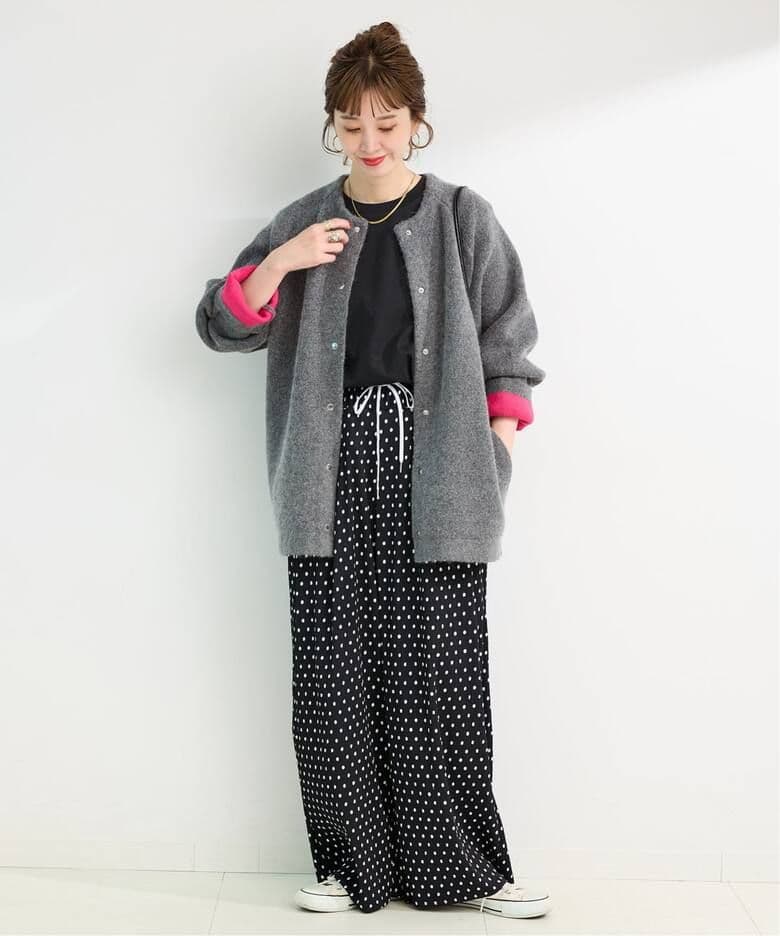 simplicite ２層スムース編みロングカーディガン　グレーピンクフォックス