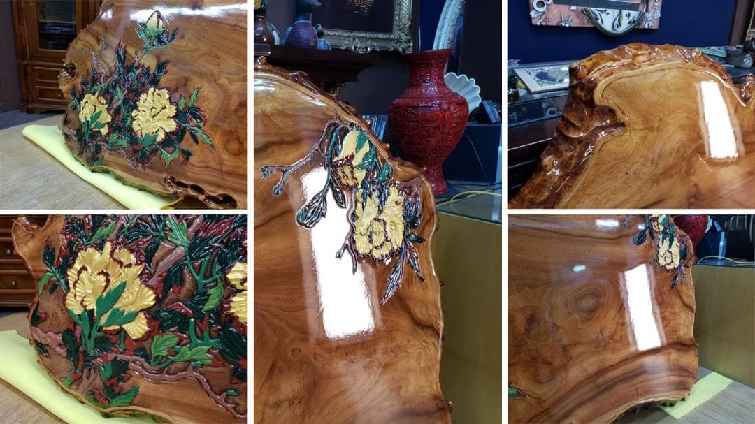 L16　美品！　逸品！　希少！　欅　天然木　無垢　一枚板 　天板　彫刻　ペイント