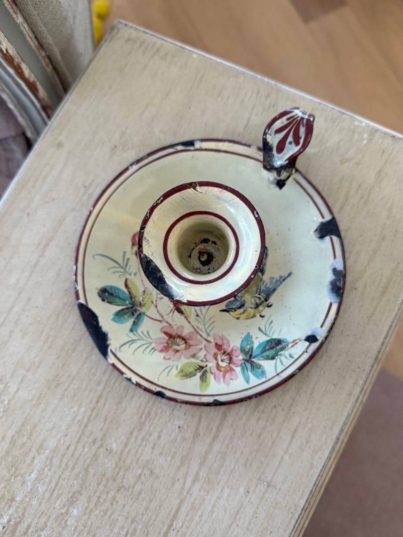 フランスアンティーク花と鳥のハンドペイントホーローキャンドルホルダー