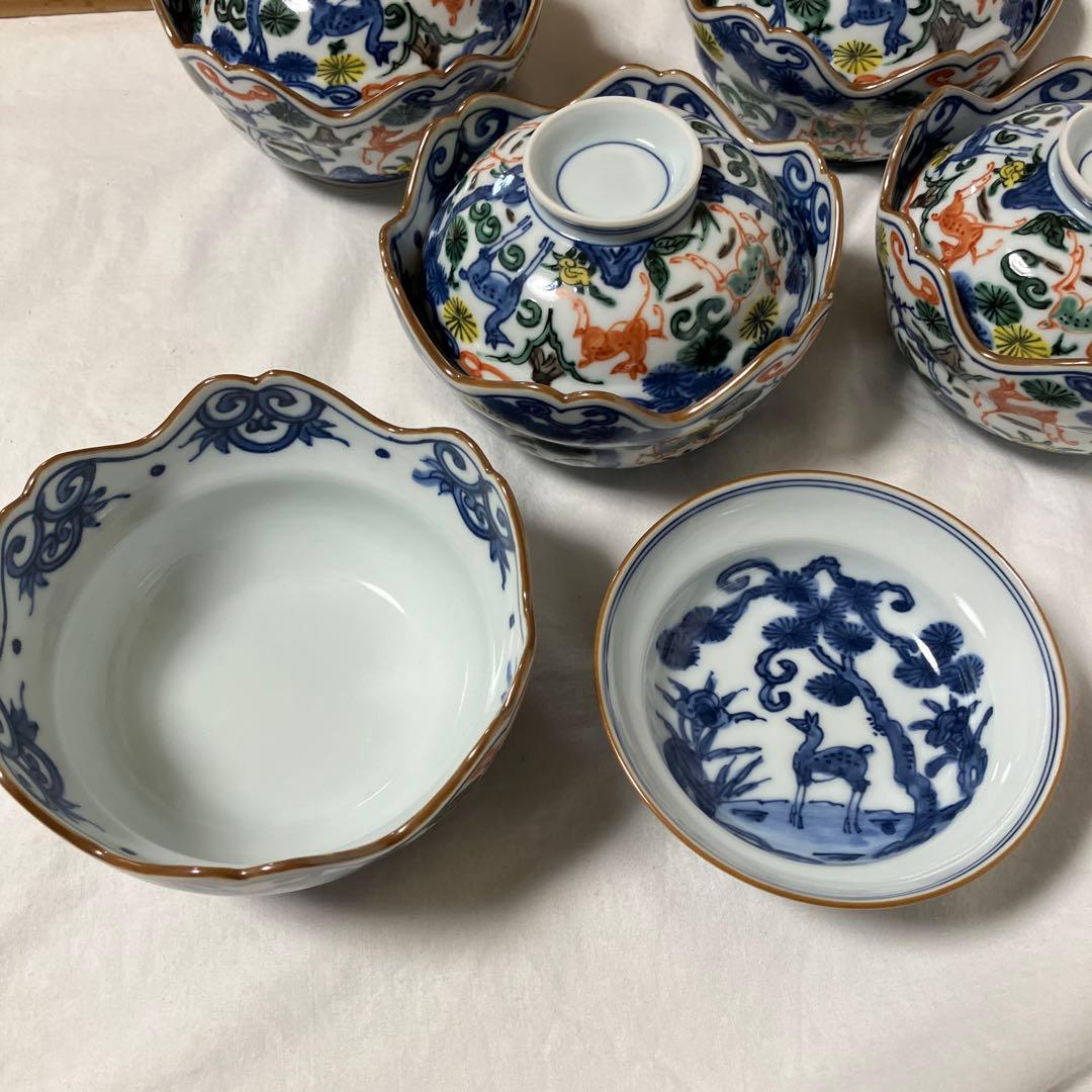 平安京泉　向付　５客　色絵　松鹿文　蓋向付