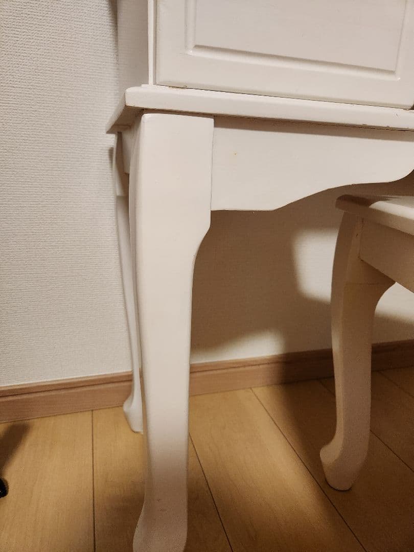 【美品】ネコ脚 ドレッサー 天然木セット 可愛い ホワイト家具 化粧台 スツール