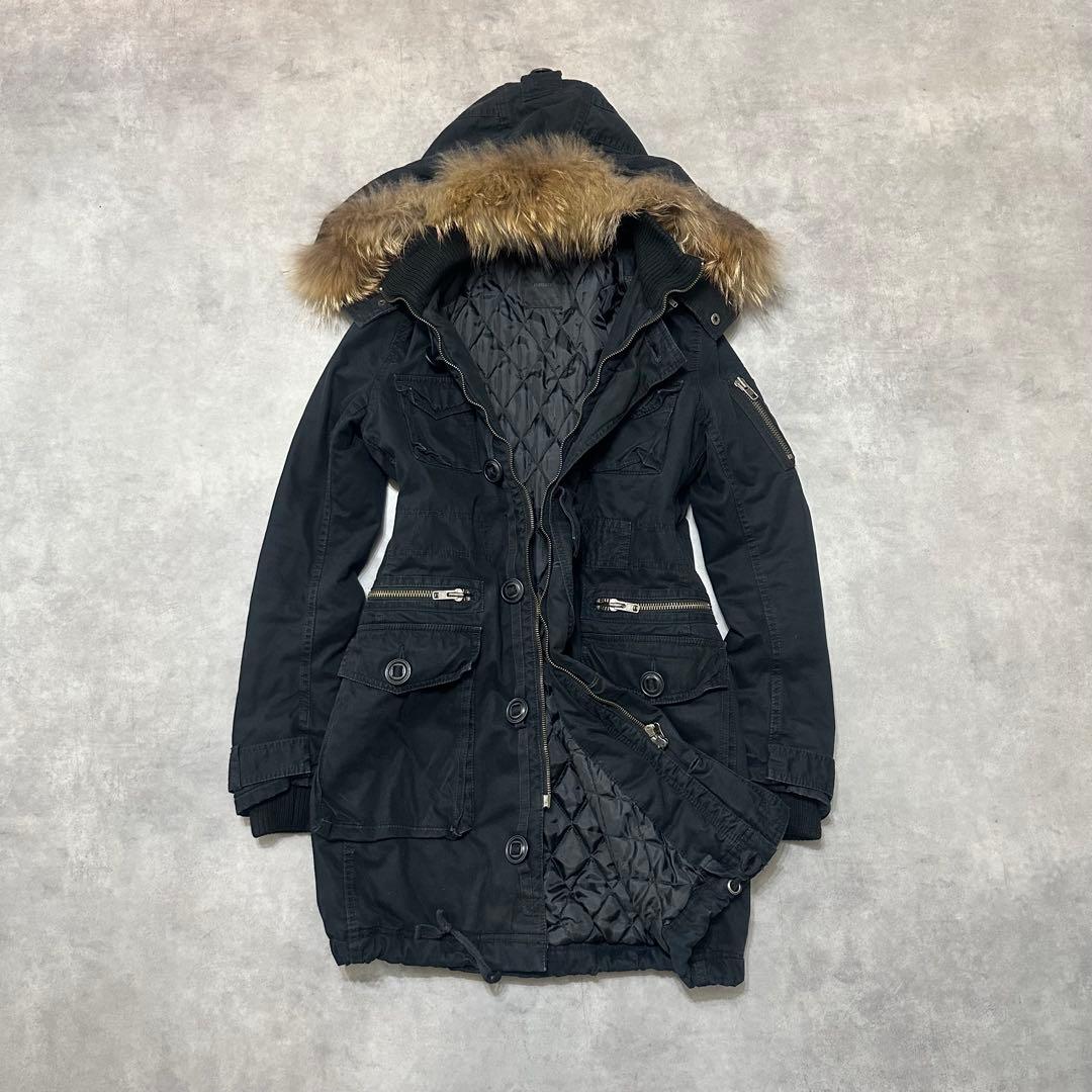 平成ギャル y2k　リアルファー付きミニタリーモッズコート　黒　グランジ　ダウン