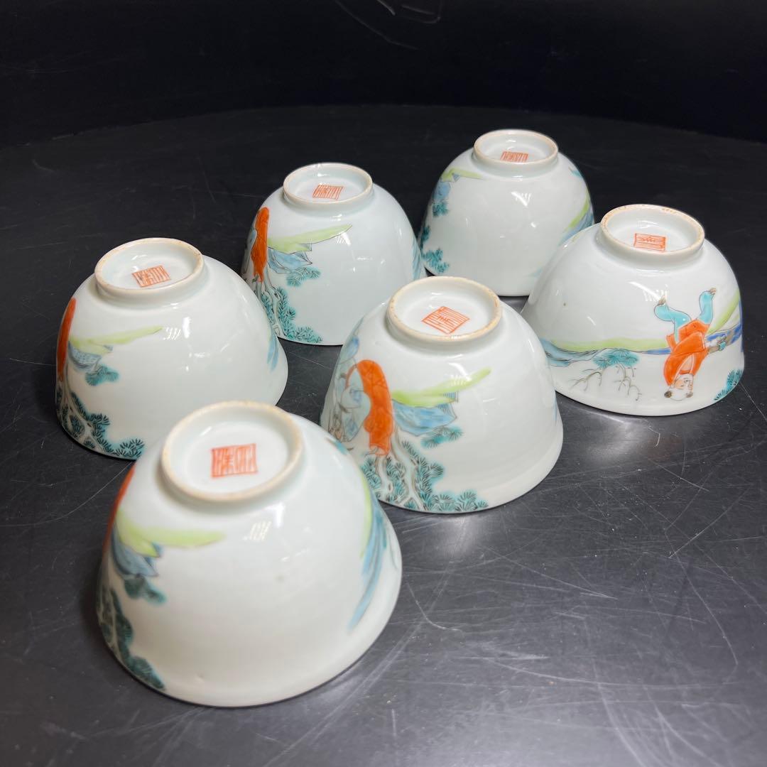 中国清時代　粉彩人物画蓋茶碗6客　木箱付　東Y8-0206☆2Fトコサ