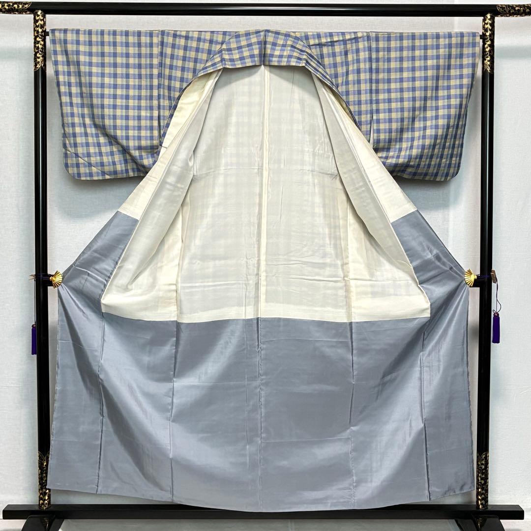 D154 菅原工房　菅原結　漢方染紬　格子柄　チェック　正絹　着物　袷　極美品