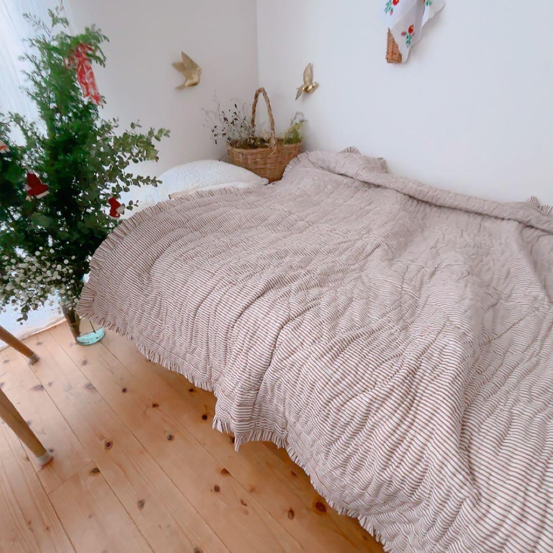 【フリルキルト】ブロックプリントキルト　布団　ソファーカバー　ベッドカバー