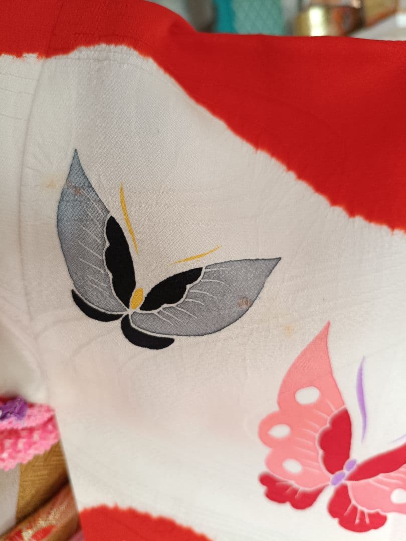 正絹★赤系部分絞り着物と作り帯フルセット