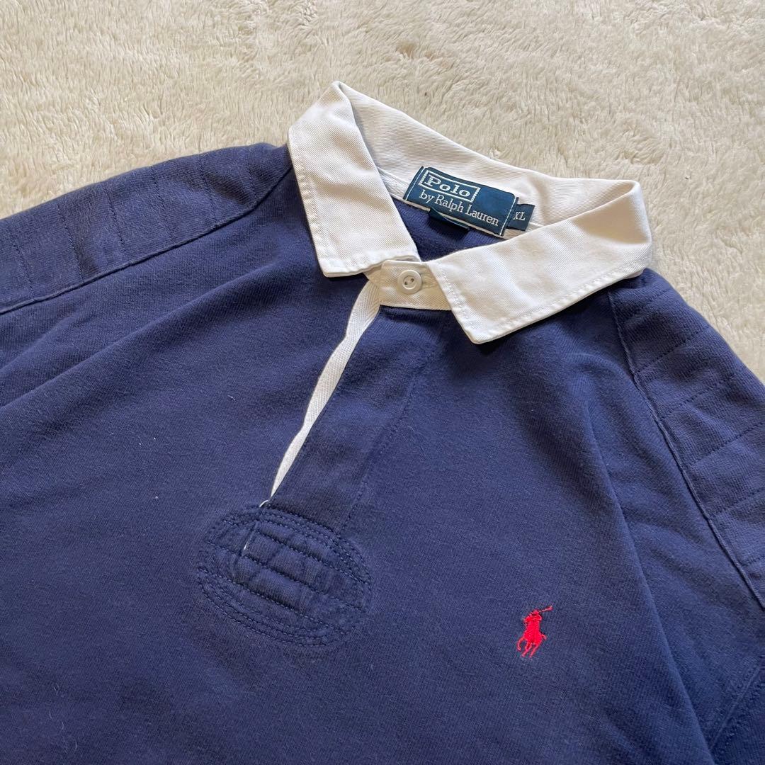 90s ポロ　ラルフローレン　エルボーパッチ　ラガーシャツ　 XL ネイビー