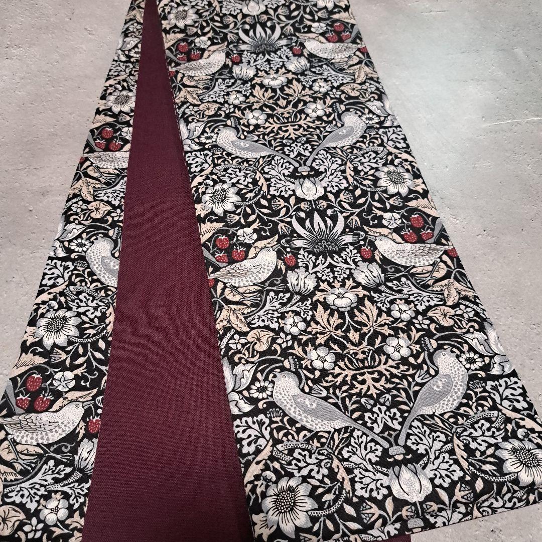 半幅帯　長尺ウィリアムモリス　いちご泥棒　モノトーン×国産コットンリネン　葡萄色