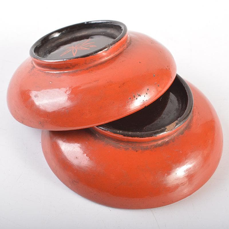 古民具　根来塗　時代根来　朱塗　酒盃　五客　時代合わせ箱　D　R7545