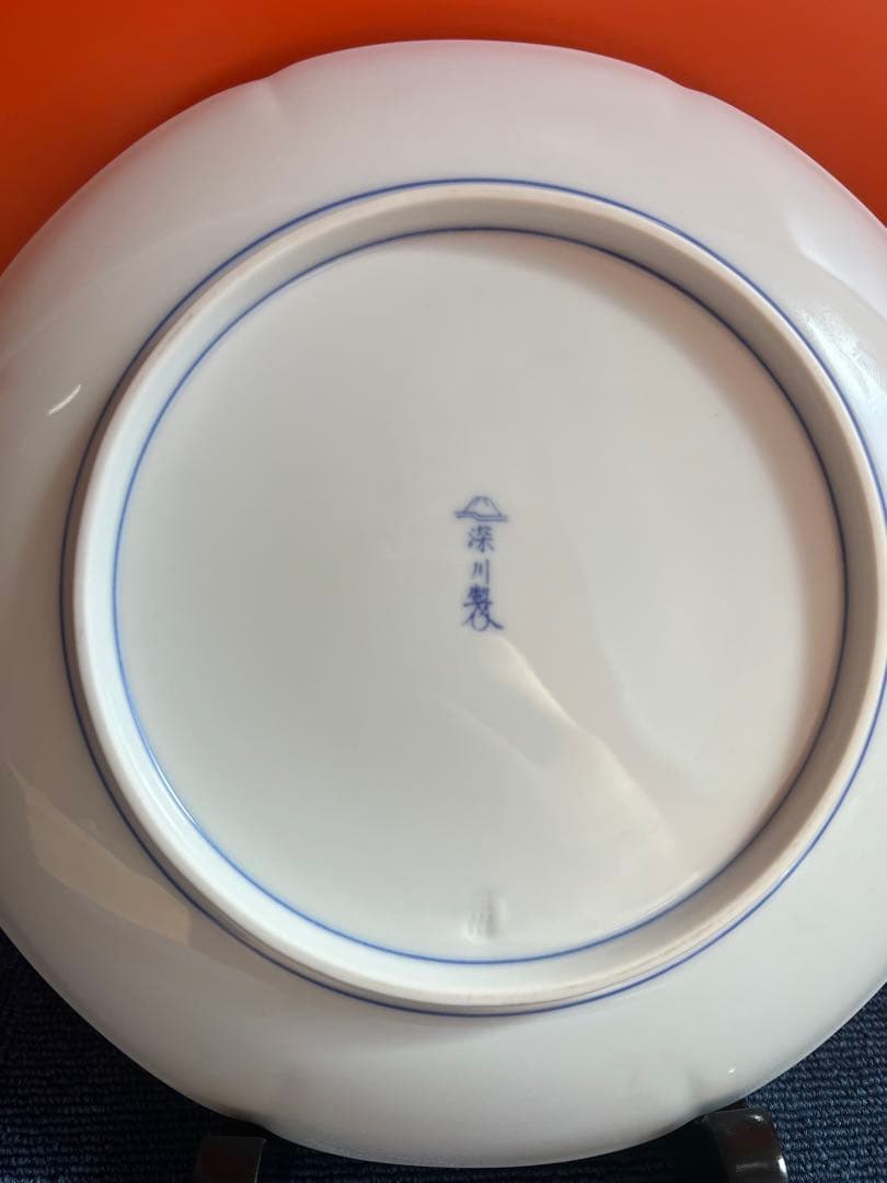 1471  希少　深川製磁　窓絵竹に鶴　八方割飾皿　皿立て付　未使用