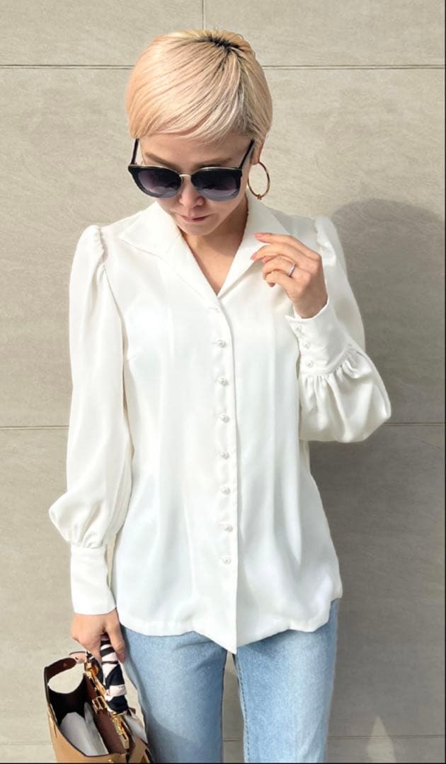 【美品】JENNE オープンカラーブラウス ホワイト