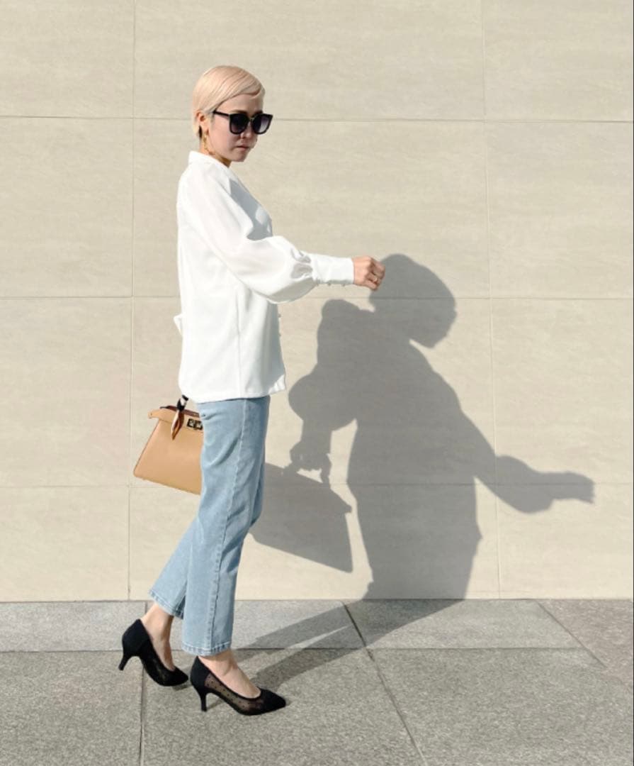 【美品】JENNE オープンカラーブラウス ホワイト