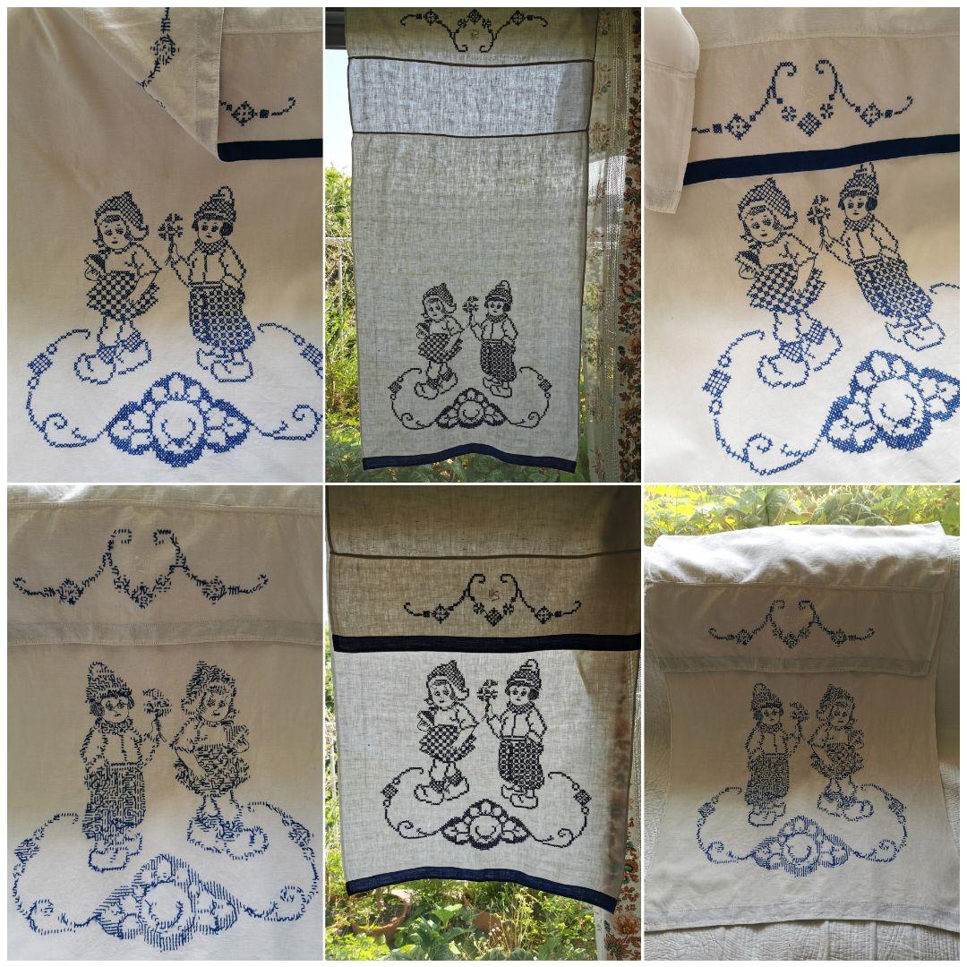 アンティーク オランダ 少女達の青糸刺繍リネン 縦長ドアカーテン 折返し幕パネル