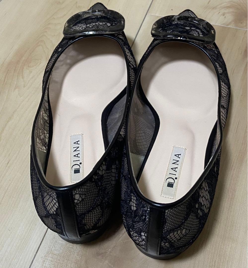 【美品】 Diana ブラック レース フラットシューズ