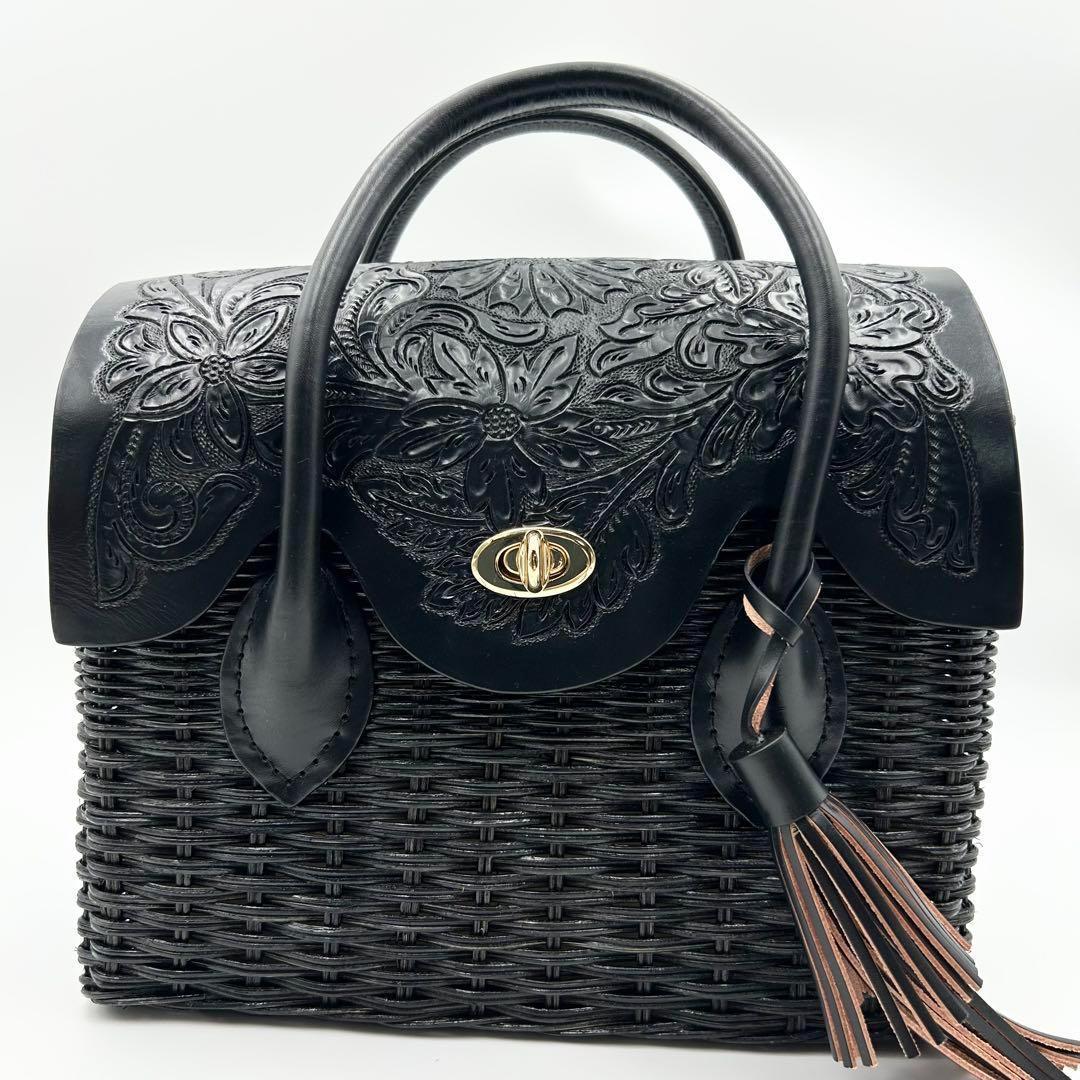 希少✨ カービングトライブス かごバック ラタン 黒 ターンロック タッセル