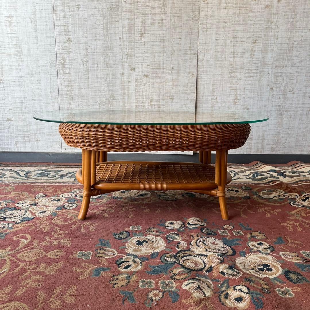 昭和レトロ ヴィンテージ 大型 ラタンオーバルテーブル センターテーブル 楕円形