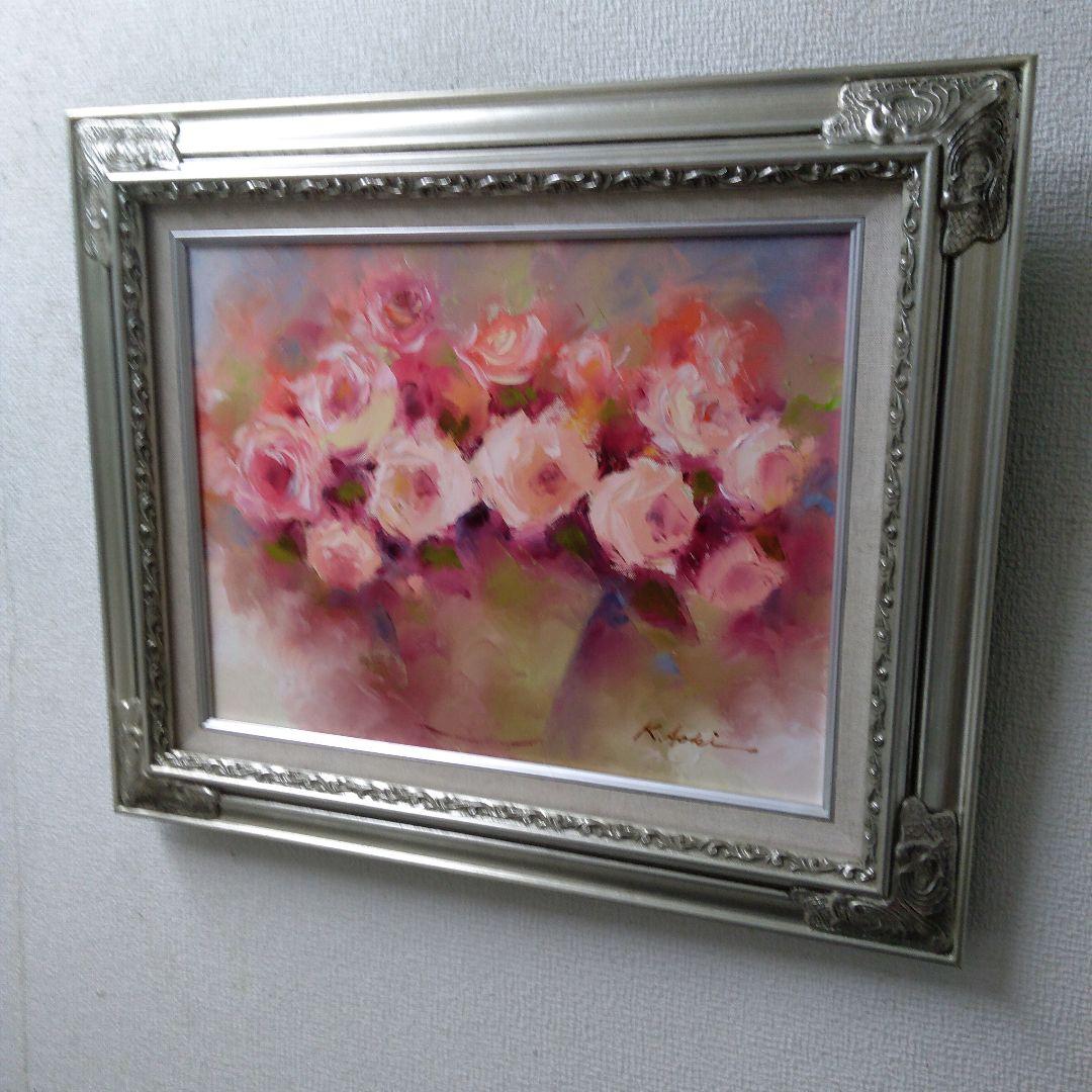 肉質油絵　横　F6 バラの花と花瓶　青木今陽　額装仕上げ品