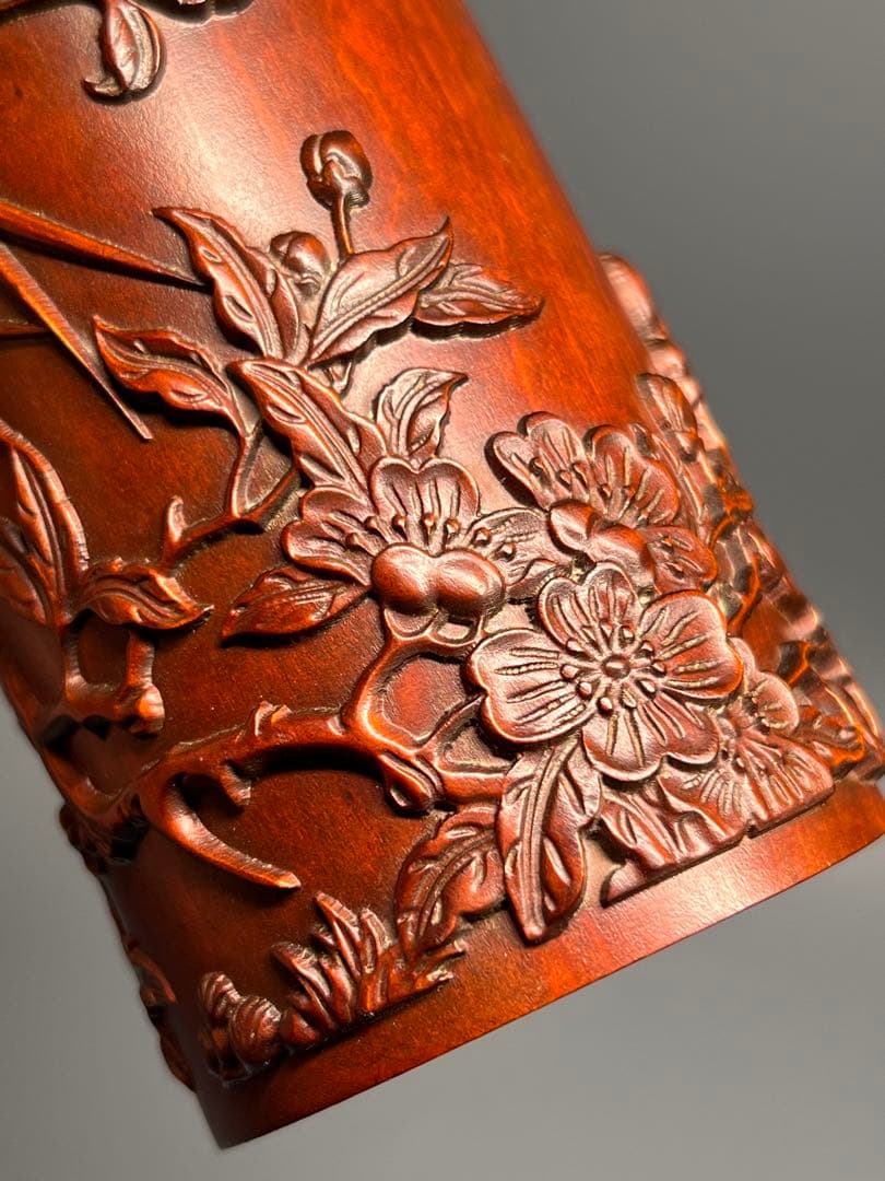 中国古美術 唐物 木製 黄楊木 一刀彫 筆立 筆筒 浮彫 文房具 極美品 旧蔵