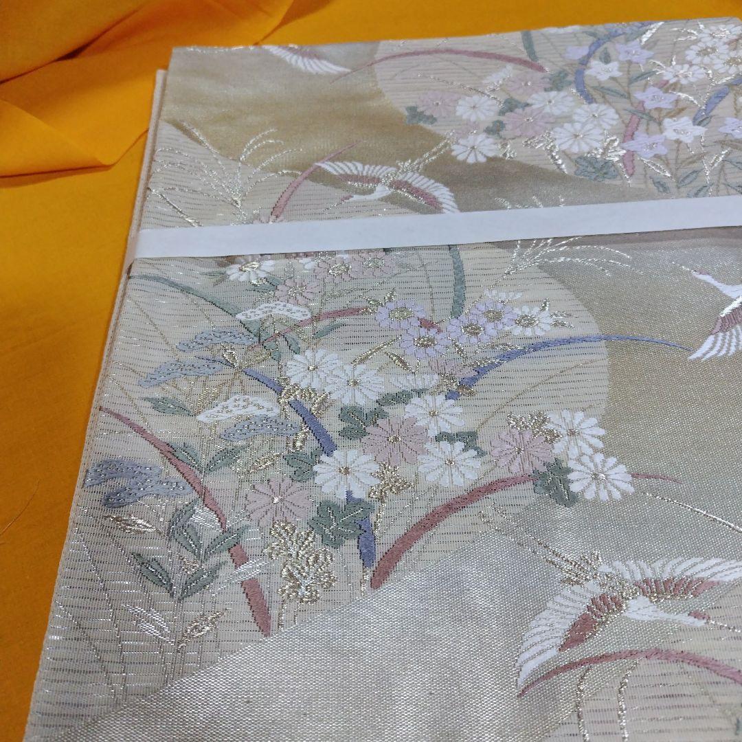 未使用 美品 袋帯 金色地 花 鶴刺繍