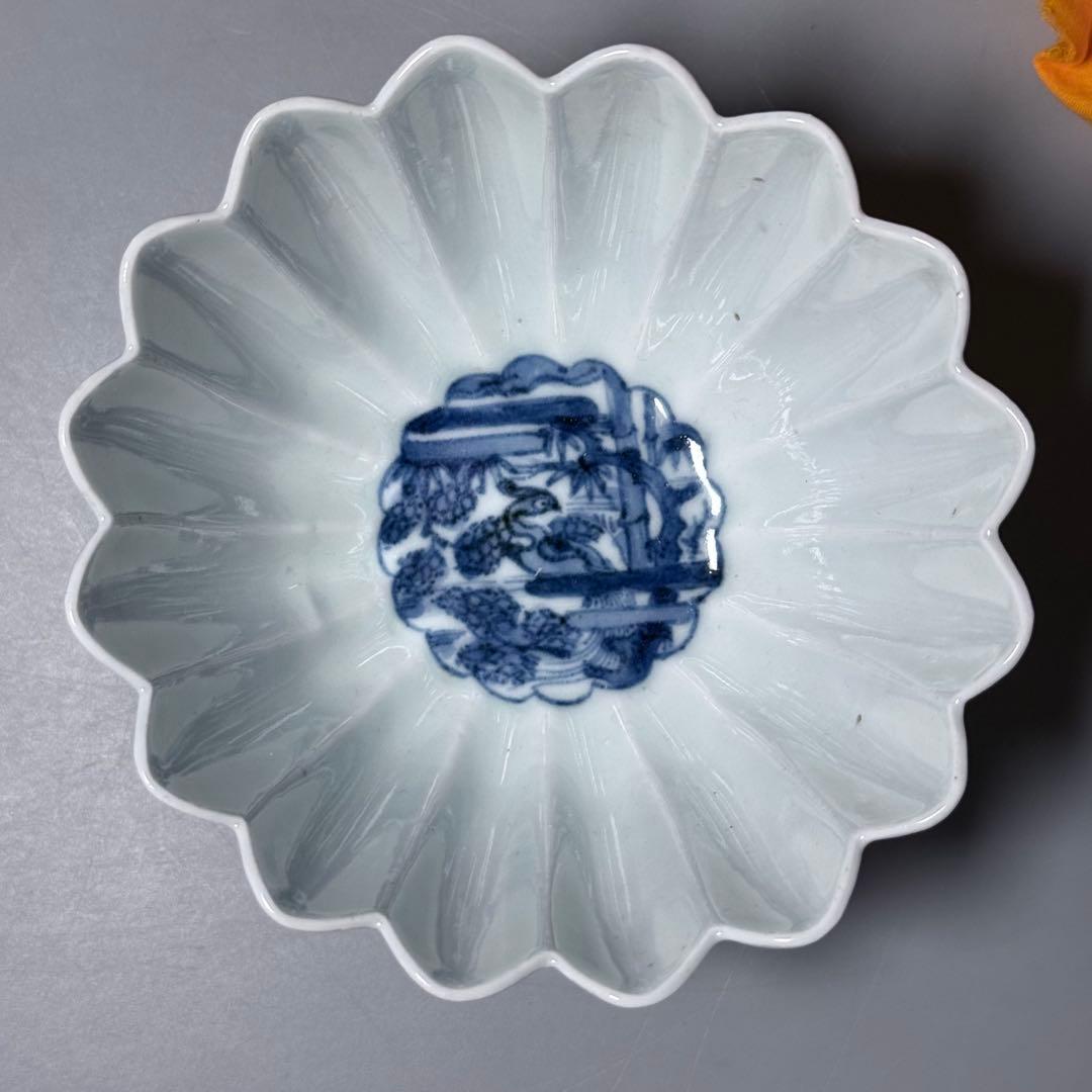 江戸中期〜後期　古伊万里　藍九谷花鳥図菊花形向付　五点　最上手　特注桐箱　共布