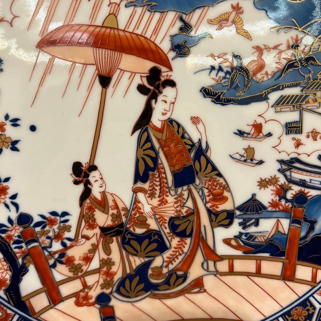 有田焼　松右衛門　古伊万里　飾り皿大皿色絵傘 美人文大皿　近江八景之　箱皿立付