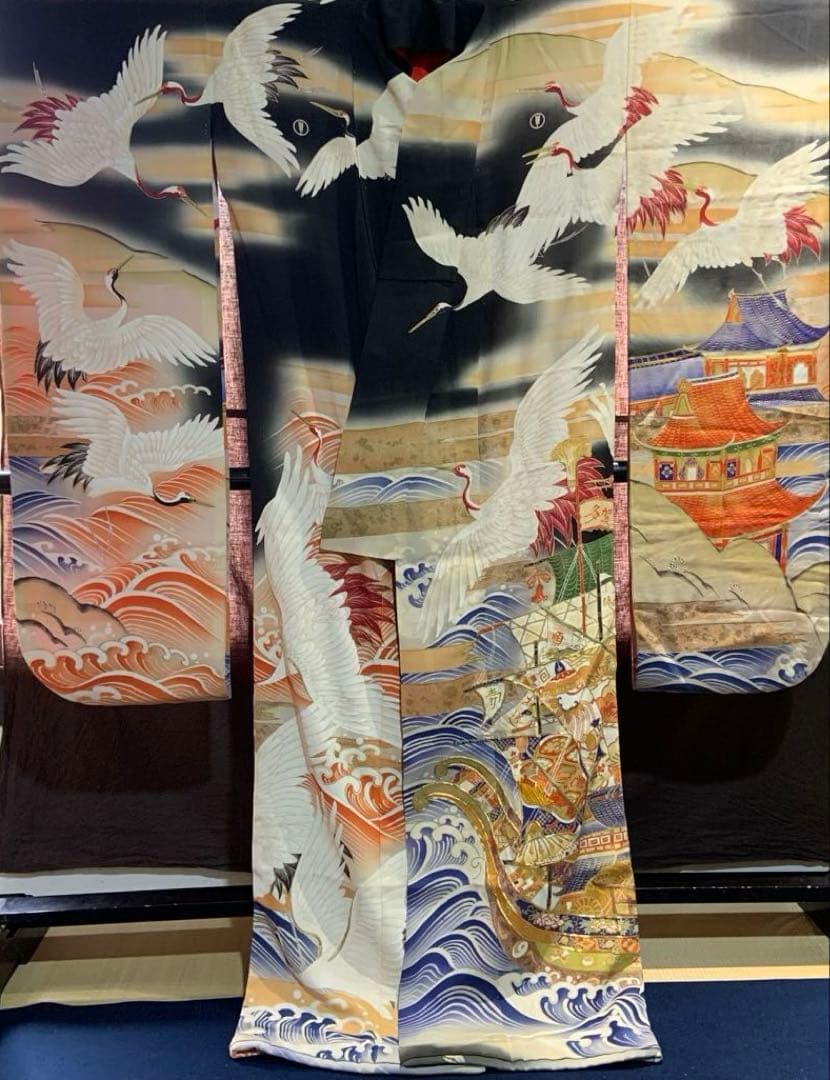 アンティーク振袖 鶴と宝船豪華高級リメイク材料