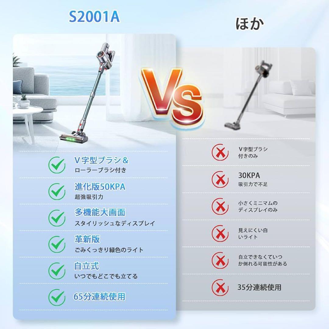 掃除機 コードレス2025最新型業界初グリーンLEDライト付＆50Kpa強力吸引