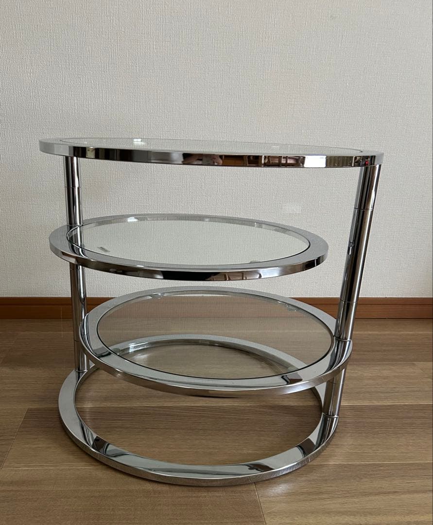 ミッドセンチュリー　北欧ラウンドテーブル3段ガラススライドテーブル☆たのメル便