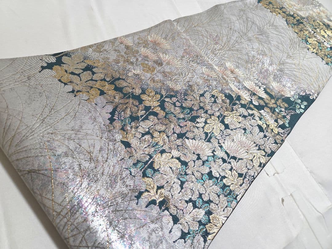 A◆着物くつろぎ 菊花模様 銀糸 青緑 引箔 六通 正絹 フォーマルな袋帯