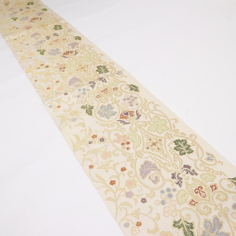 《特選豪華◆本袋帯■煌びやか葡萄唐草◆六通柄■アイボリー◆正絹着物◆FY3-4》