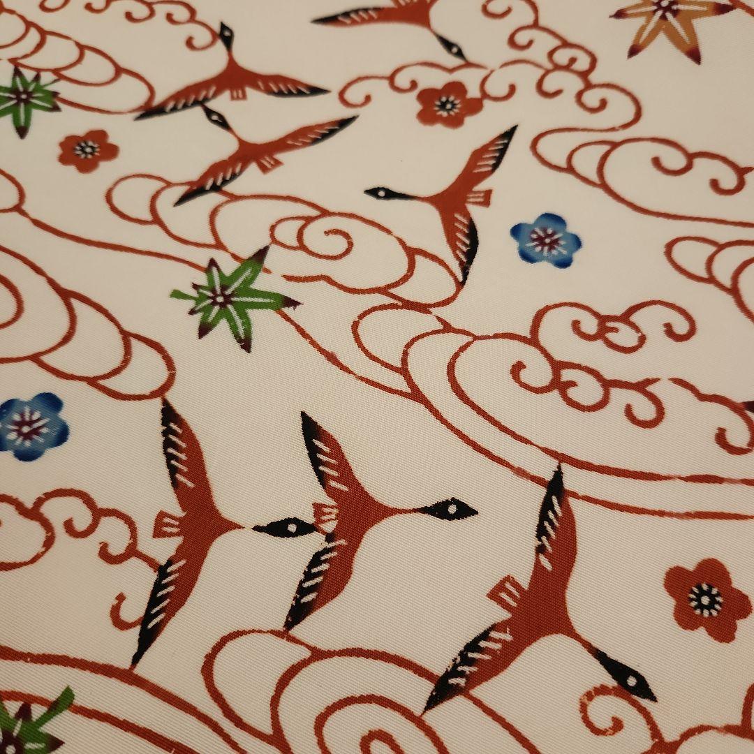 開き名古屋帯　塩瀬　染帯　九寸　紅型　雲間飛鳥文　朱色　オレンジ