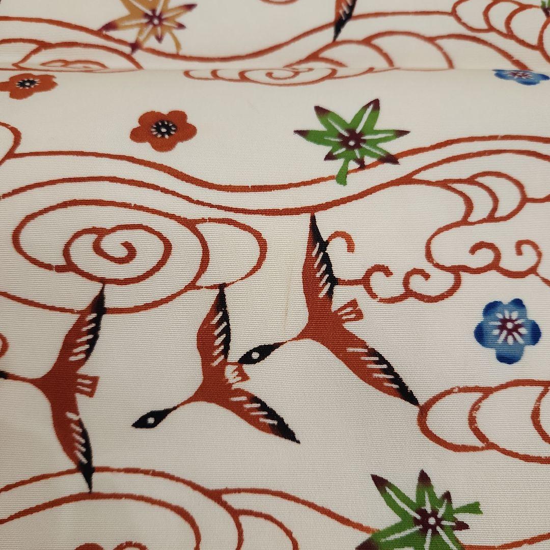 開き名古屋帯　塩瀬　染帯　九寸　紅型　雲間飛鳥文　朱色　オレンジ