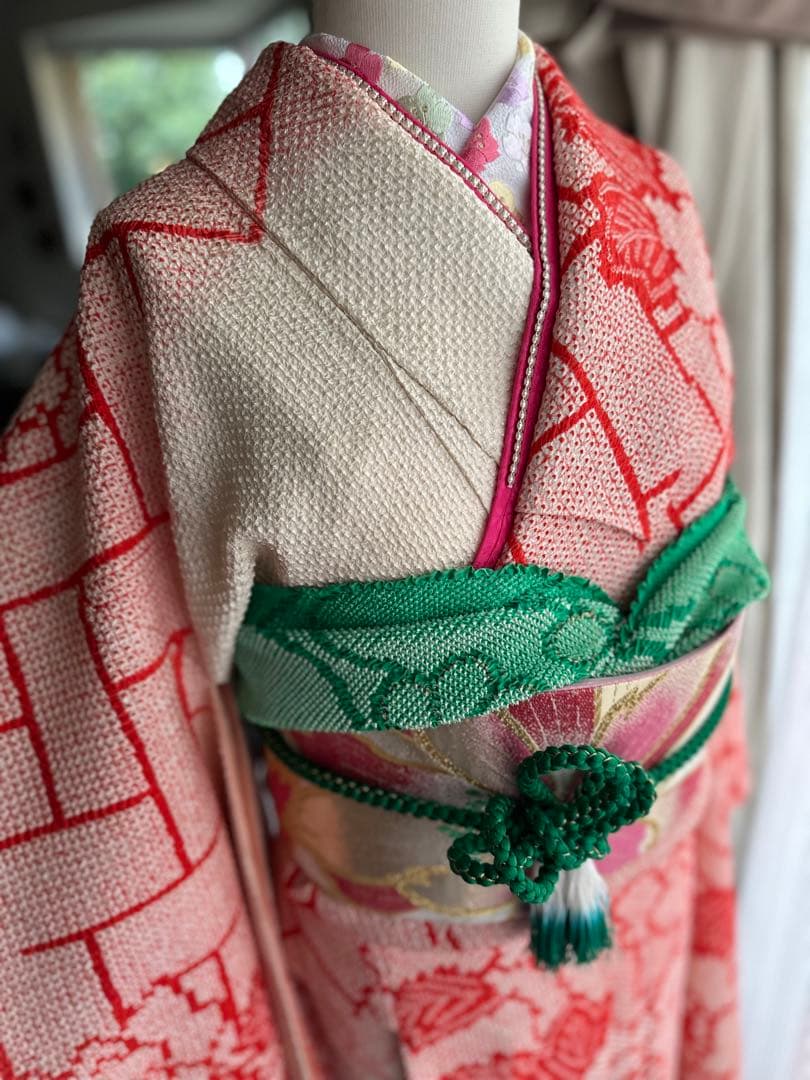 여 振袖フルセット 総絞り 赤×アイボリー