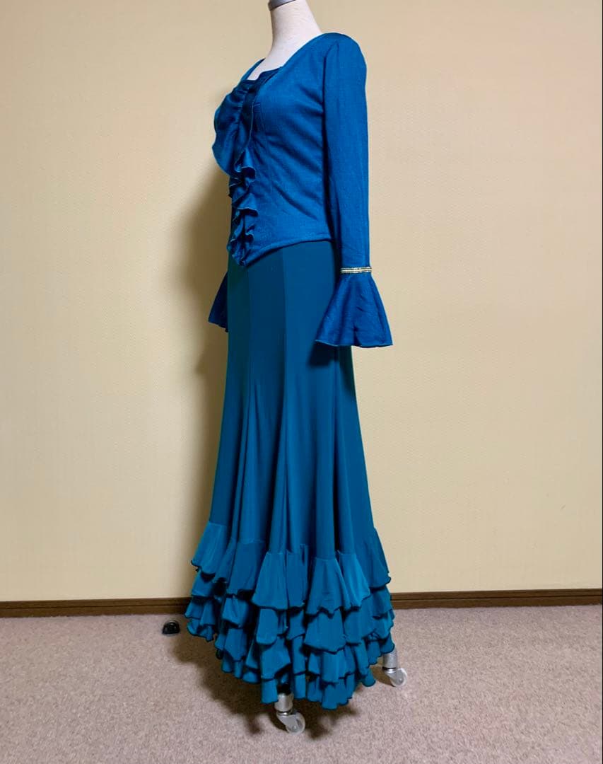 フラメンコ衣装ソニアジョーンズファルダ➕フリルブラウス上下　ターコイズ